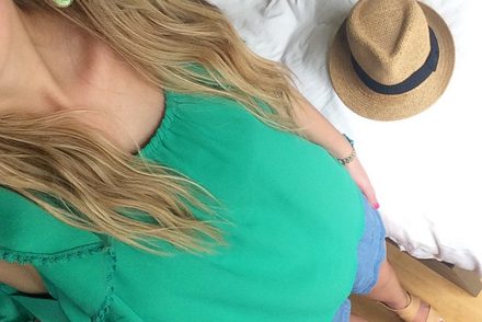 All sunshine and no rain make me a very happy girl  keeping it simple this sunny Sunday in emerald ruffles, #chambray shorts and straw fedora #seekwandershare #ootd#aboutalook #wiw