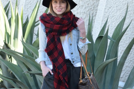 Leather shorts plaid flannel scarf felt hat